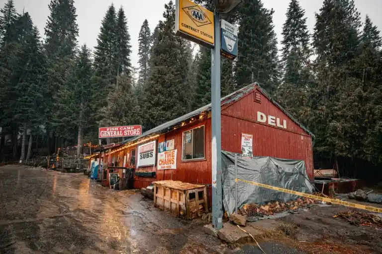 the Fish Camp General Store in a forest clearing