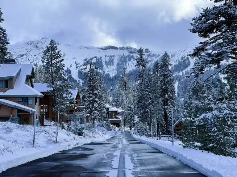 a snow-lined mountain road approaching Kirkwood